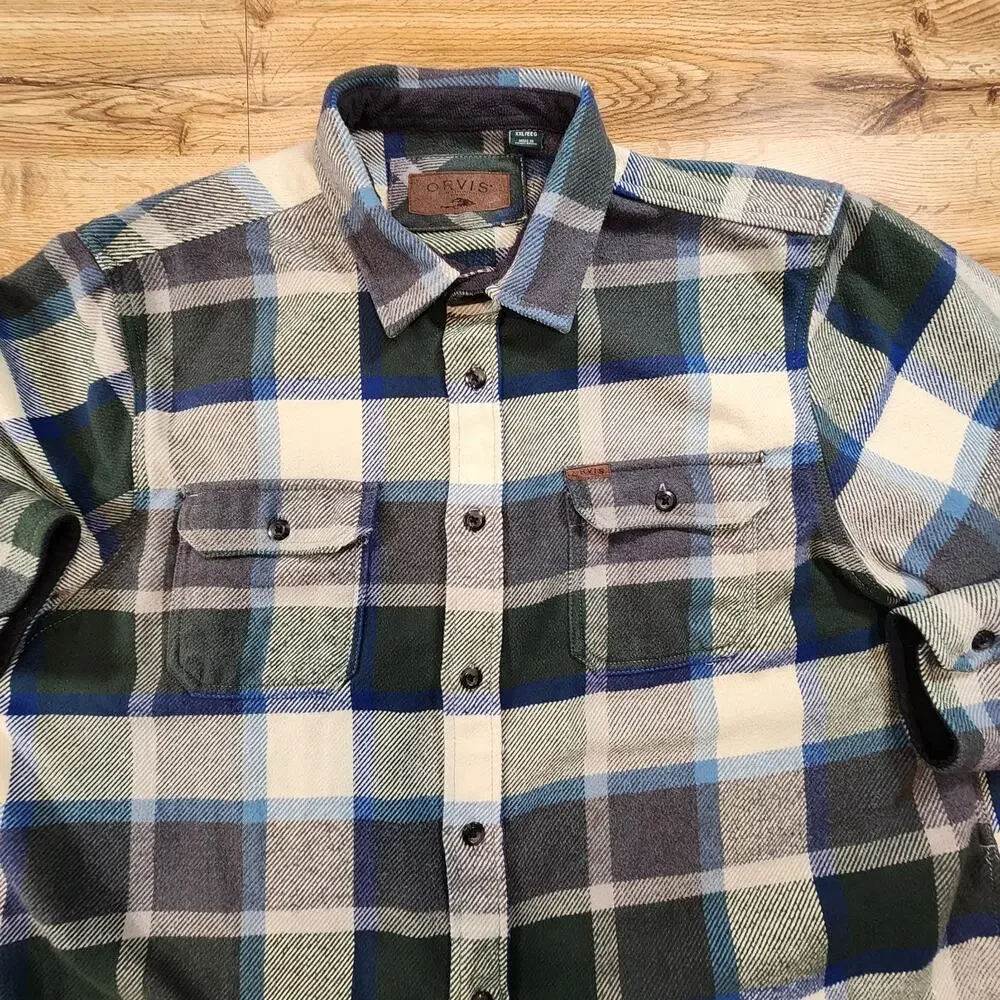 ORVIS HEAVY Flannel Shirt Jacket‎ Mens Size XXL Blue/White/Gray Plaid Flannel
